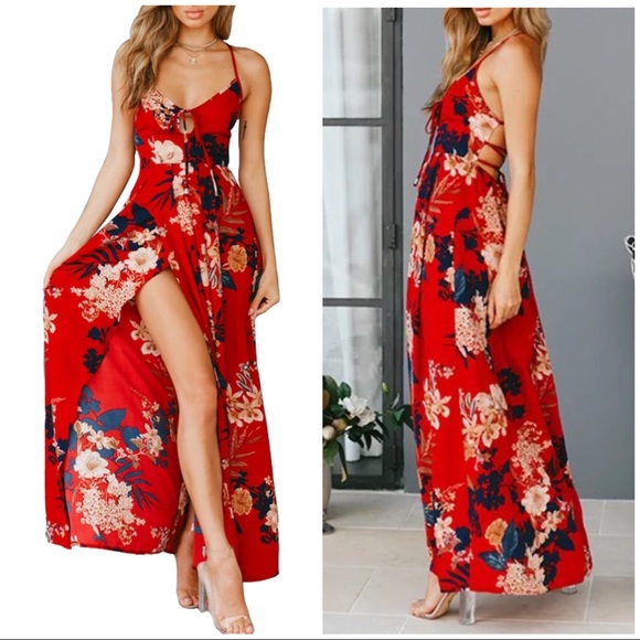 Red hot keyhole tie back maxi dress! - Picture 2 of 8